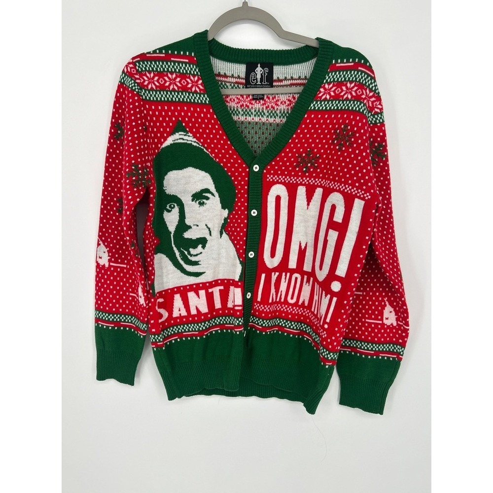 Elf Movie Buddy The Elf Santa I Know Him Christmas Cardigan Sweater Red Green S